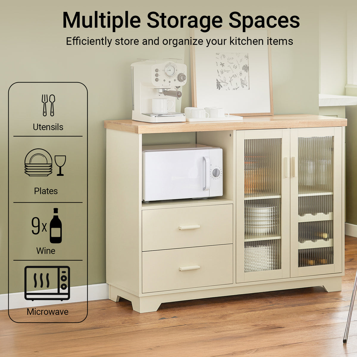 SoBuy FSB81-MI, Kitchen Sideboard Cabinet with Microwave Shelf and Wine Rack – White Storage Cabinet 120cm with Glass Doors Modern Buffet for Dining Room, Living Room or Hallway 120x90x40cm Beige