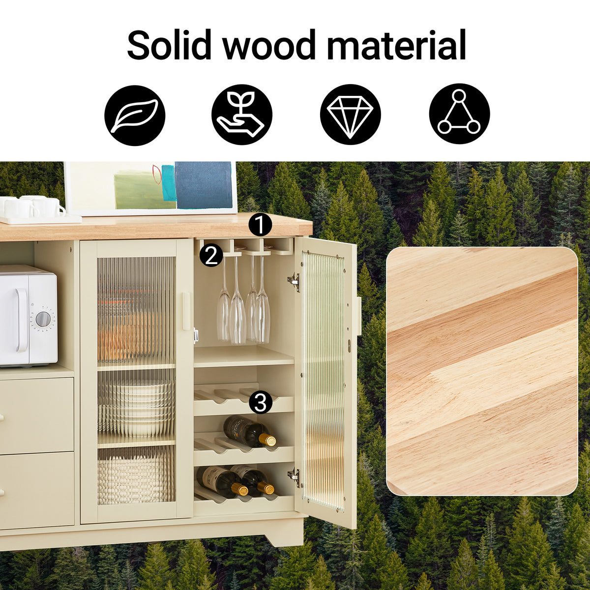 SoBuy FSB81-MI, Kitchen Sideboard Cabinet with Microwave Shelf and Wine Rack – White Storage Cabinet 120cm with Glass Doors Modern Buffet for Dining Room, Living Room or Hallway 120x90x40cm Beige