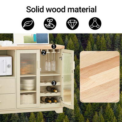 SoBuy FSB81-MI, Kitchen Sideboard Cabinet with Microwave Shelf and Wine Rack – White Storage Cabinet 120cm with Glass Doors Modern Buffet for Dining Room, Living Room or Hallway 120x90x40cm Beige