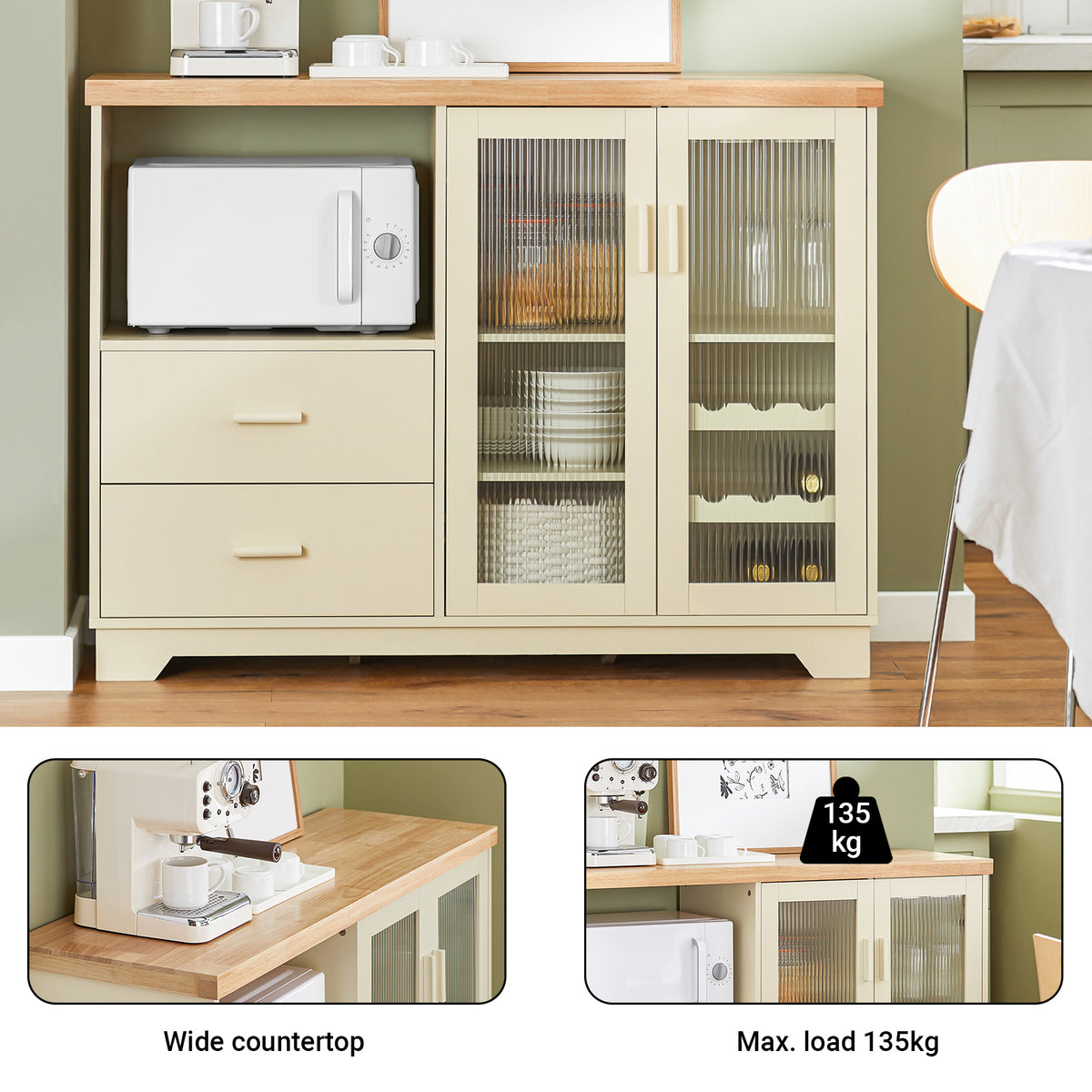 SoBuy FSB81-MI, Kitchen Sideboard Cabinet with Microwave Shelf and Wine Rack – White Storage Cabinet 120cm with Glass Doors Modern Buffet for Dining Room, Living Room or Hallway 120x90x40cm Beige