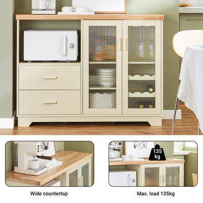 SoBuy FSB81-MI, Kitchen Sideboard Cabinet with Microwave Shelf and Wine Rack – White Storage Cabinet 120cm with Glass Doors Modern Buffet for Dining Room, Living Room or Hallway 120x90x40cm Beige
