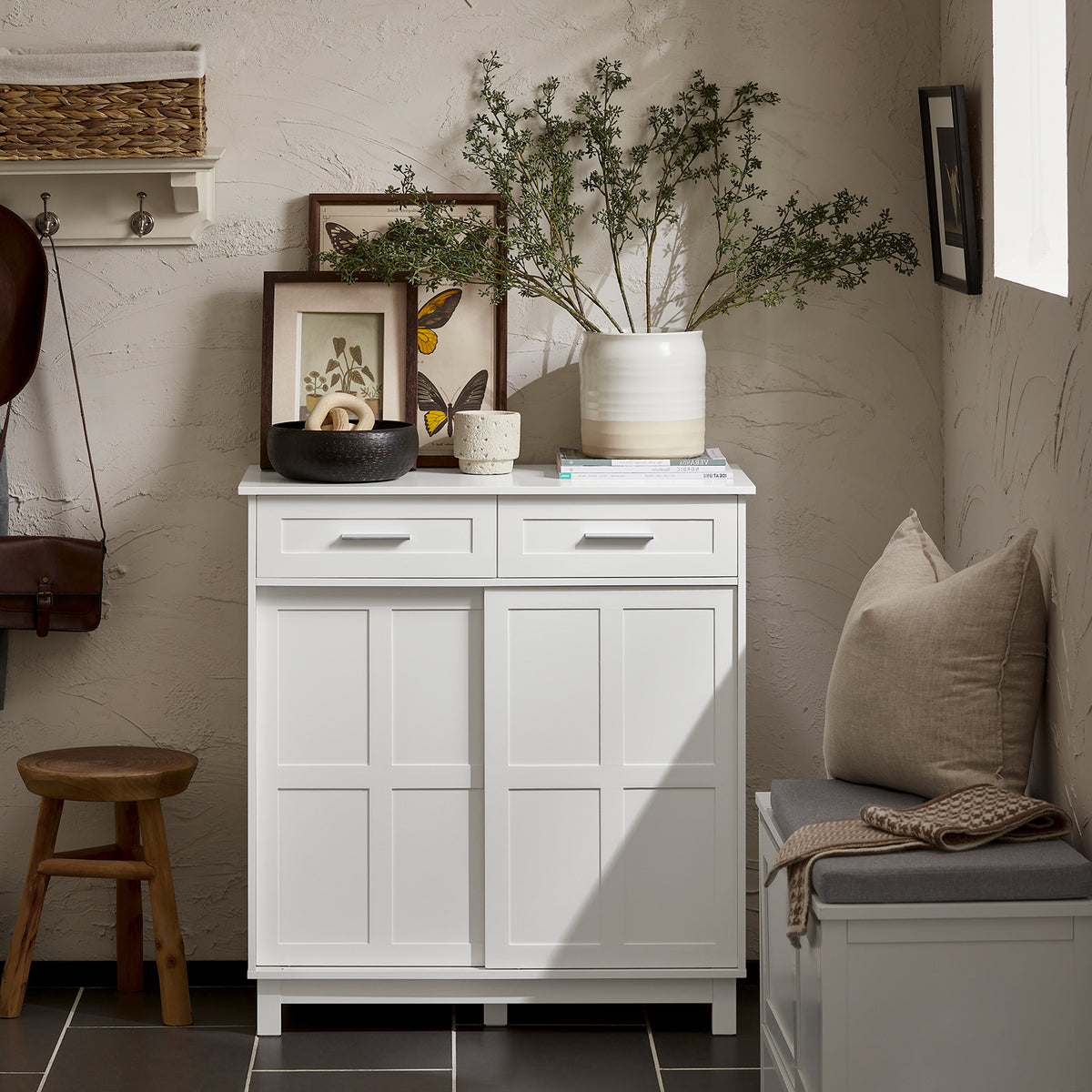 SoBuy FSB84-W white sideboard cabinet in dining room setting – 2 drawers 2 sliding doors storage cupboard