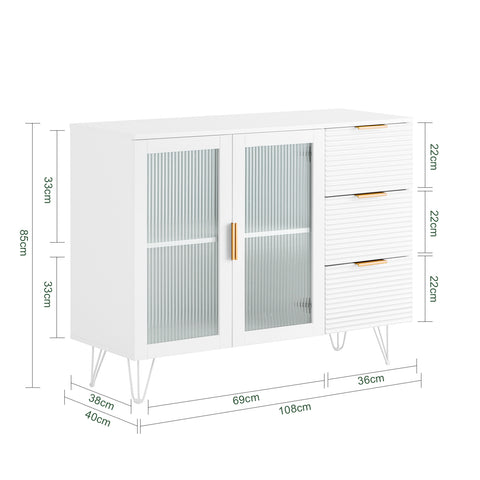 SoBuy FSB86-W, Sideboard with 2 Glass Doors and 3 Drawers, Kitchen Dining Room Living Room Sideboard Storage Cabinet Cupboard