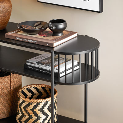 SoBuy FSB90-SCH, Industrial Console Table with Storage – Slim Wood and Black Metal Hallway Table, Multifunctional Narrow Console for Entryway, Living Room or Office 110×39×76 cm