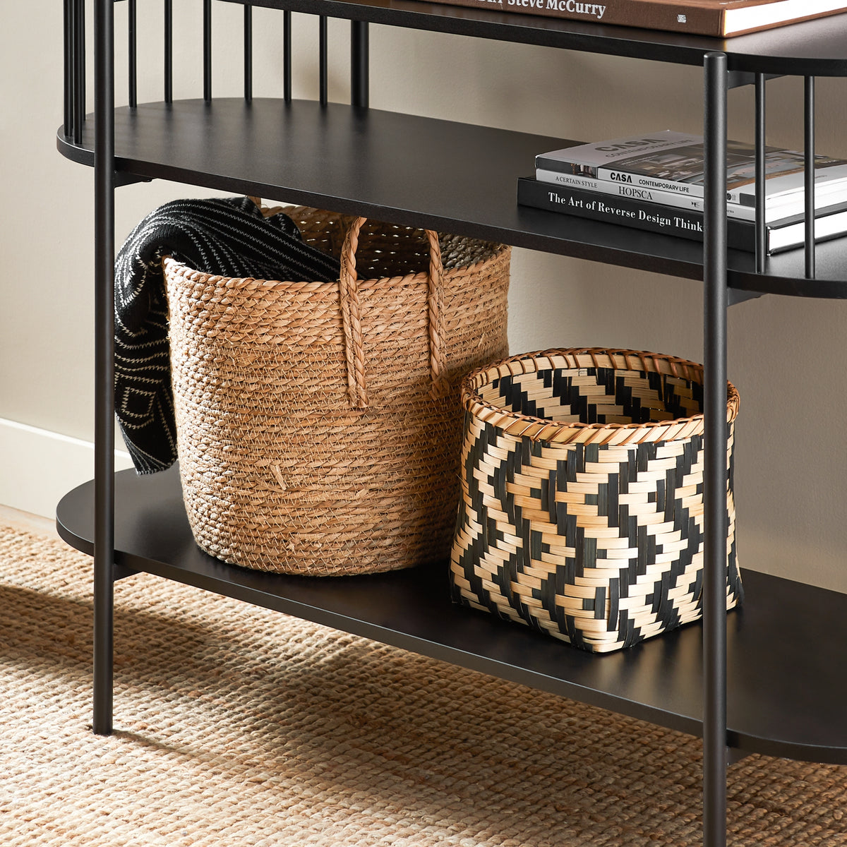 SoBuy FSB90-SCH, Industrial Console Table with Storage – Slim Wood and Black Metal Hallway Table, Multifunctional Narrow Console for Entryway, Living Room or Office 110×39×76 cm