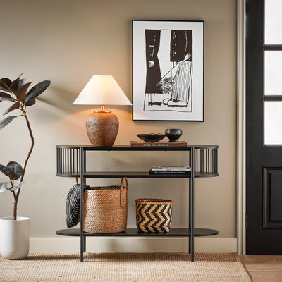 SoBuy FSB90-SCH, Industrial Console Table with Storage – Slim Wood and Black Metal Hallway Table, Multifunctional Narrow Console for Entryway, Living Room or Office 110×39×76 cm