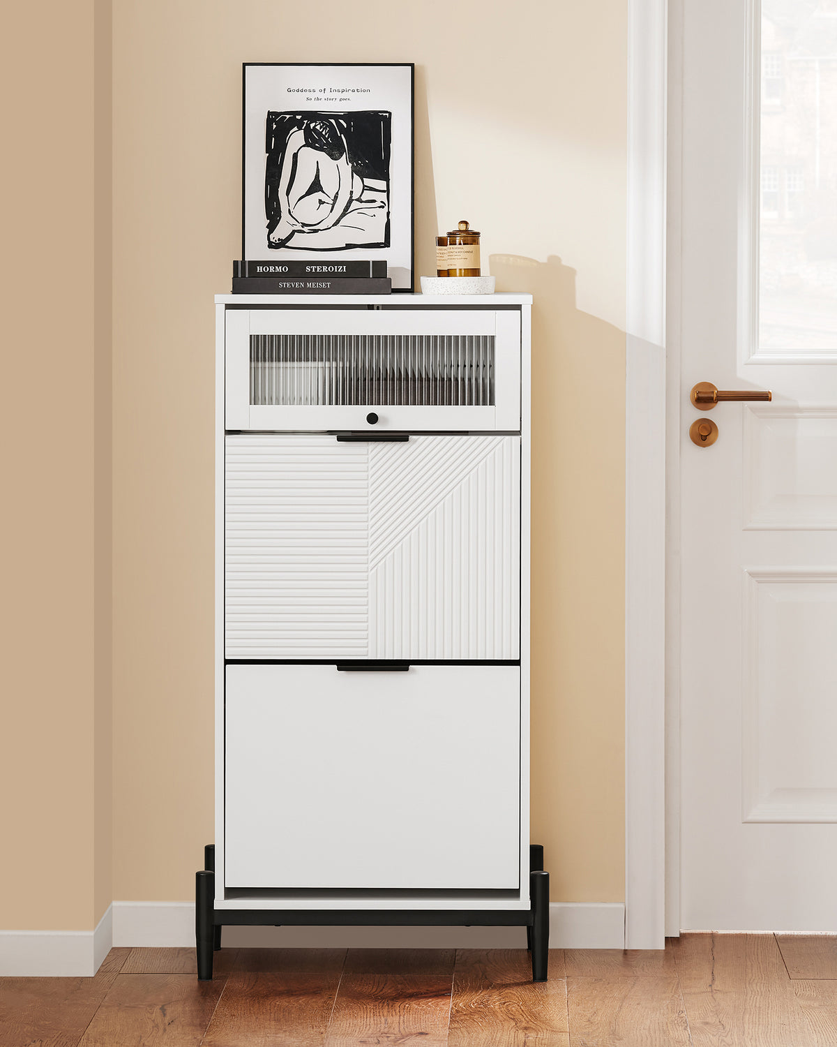 SoBuy FSB95-W, Shoe Cabinet Shoe Storage Cupboard with 2 Flip-drawers and 1 Glass Door, White