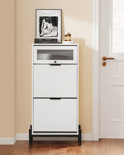 SoBuy FSB95-W, Shoe Cabinet Shoe Storage Cupboard with 2 Flip-drawers and 1 Glass Door, White