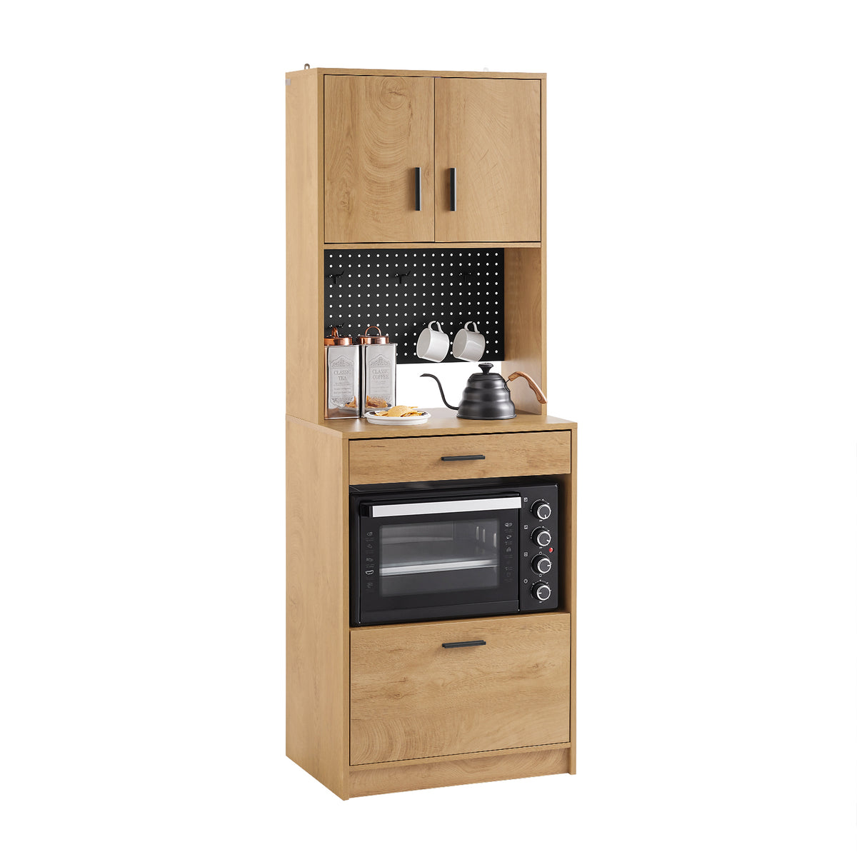 SoBuy FSB98-N tall oak effect kitchen storage cabinet with pegboard and microwave shelf – white background