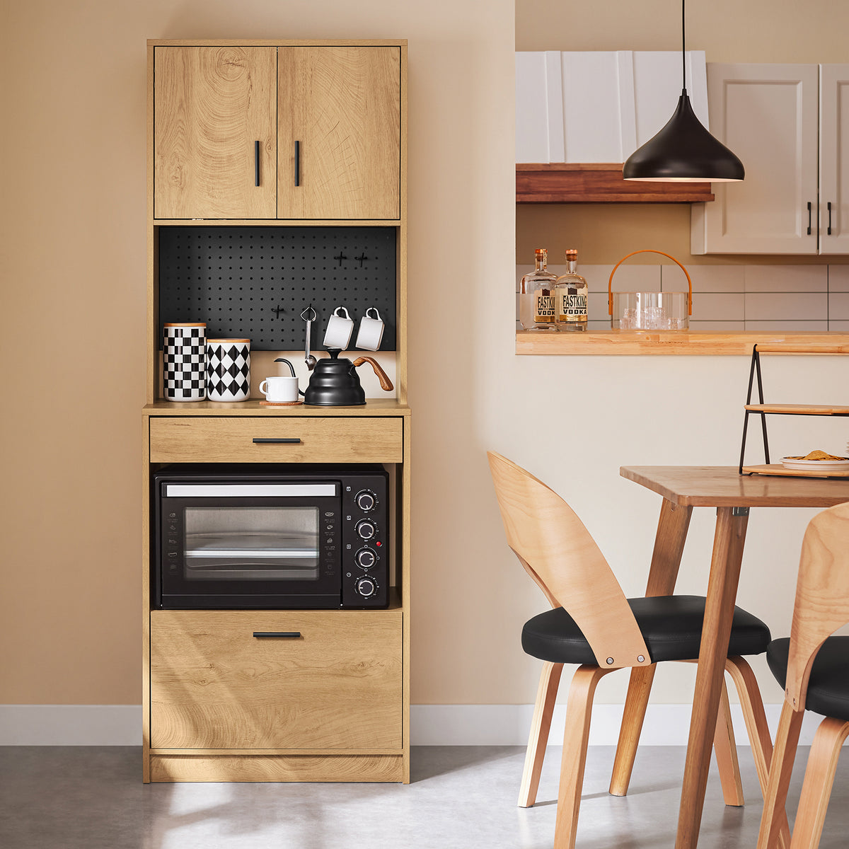 SoBuy FSB98-N tall kitchen sideboard in living room setting – oak effect cabinet with glass doors and pegboard