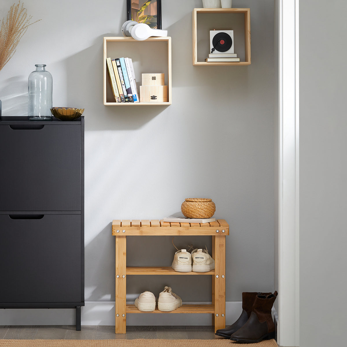 SoBuy FSR02-K-N, 2 Tiers Bamboo Shoe Rack Shoe Bench, Bathroom Shelf, Wood