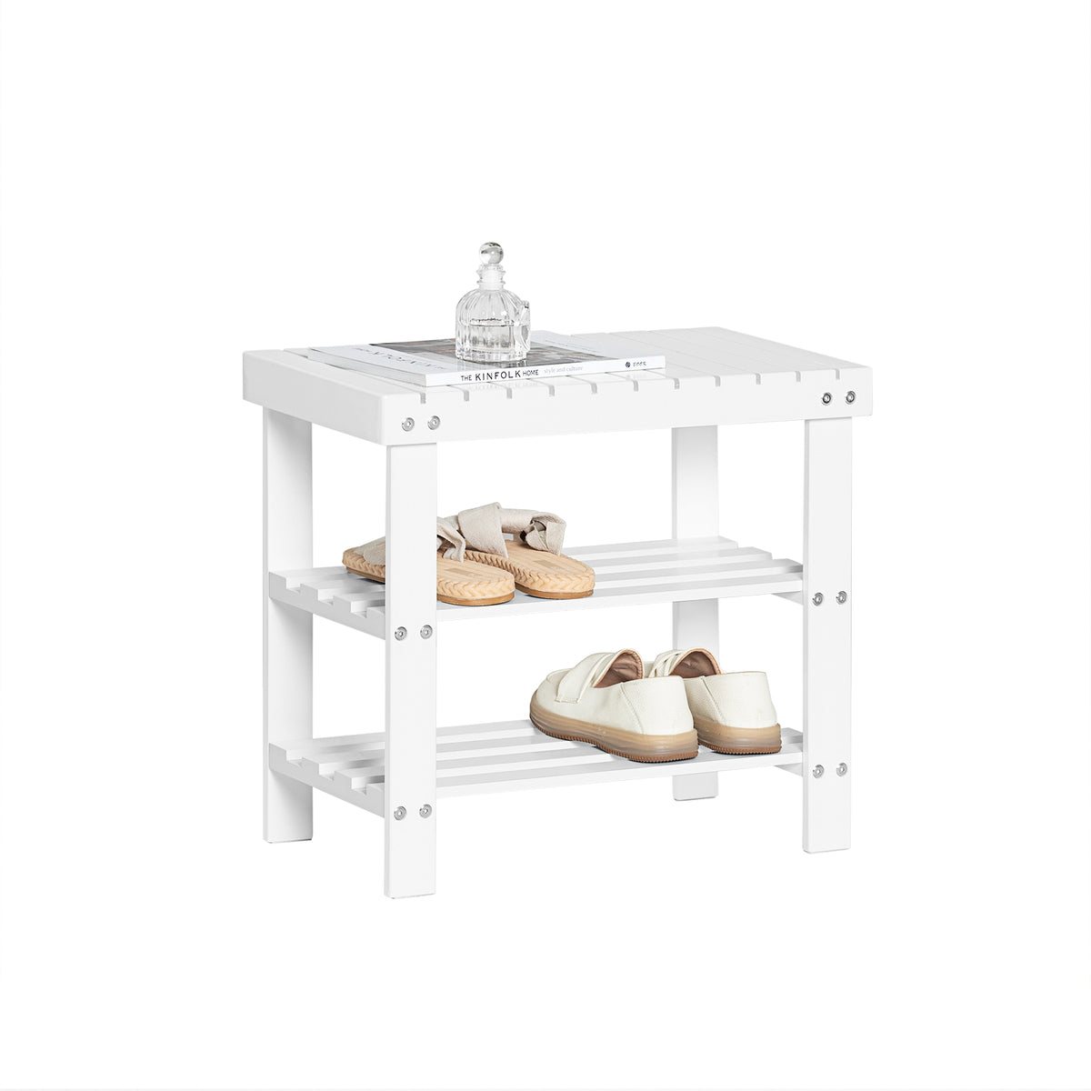 SoBuy FSR02-K-W, Bamboo 2 Tiers Shoe Rack Shoe Bench, Bathroom Shelf, White