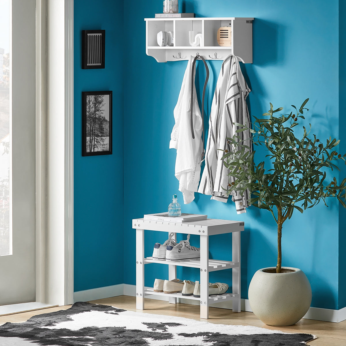 SoBuy FSR02-K-W, Bamboo 2 Tiers Shoe Rack Shoe Bench, Bathroom Shelf, White