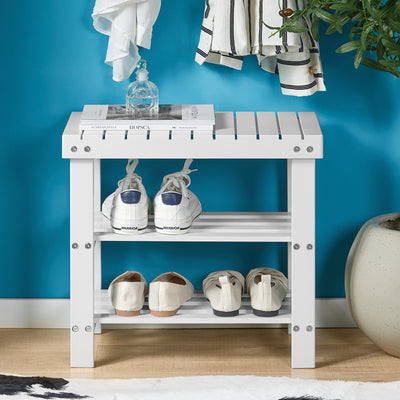 SoBuy FSR02-K-W, Bamboo 2 Tiers Shoe Rack Shoe Bench, Bathroom Shelf, White