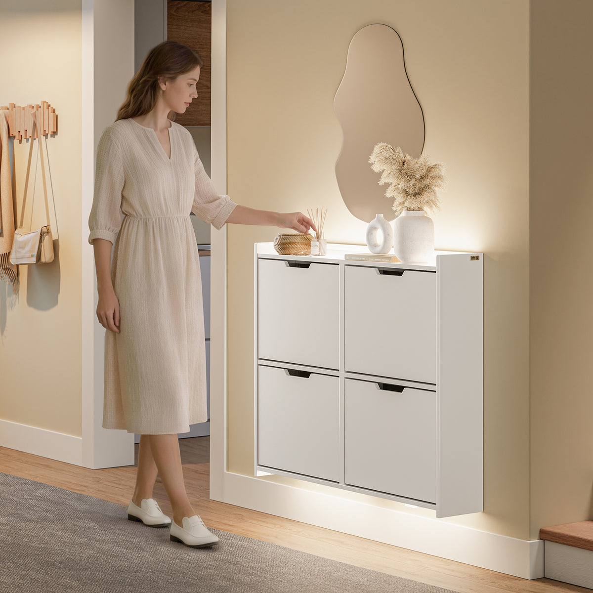 SoBuy FSR100-E-W, Wall-Mounted Shoe Cabinet with Sensor Light 19 cm for Hallway Shoe Rack with LED Lighting, for Entryway, Hallway and Small Apartments, Slim Design