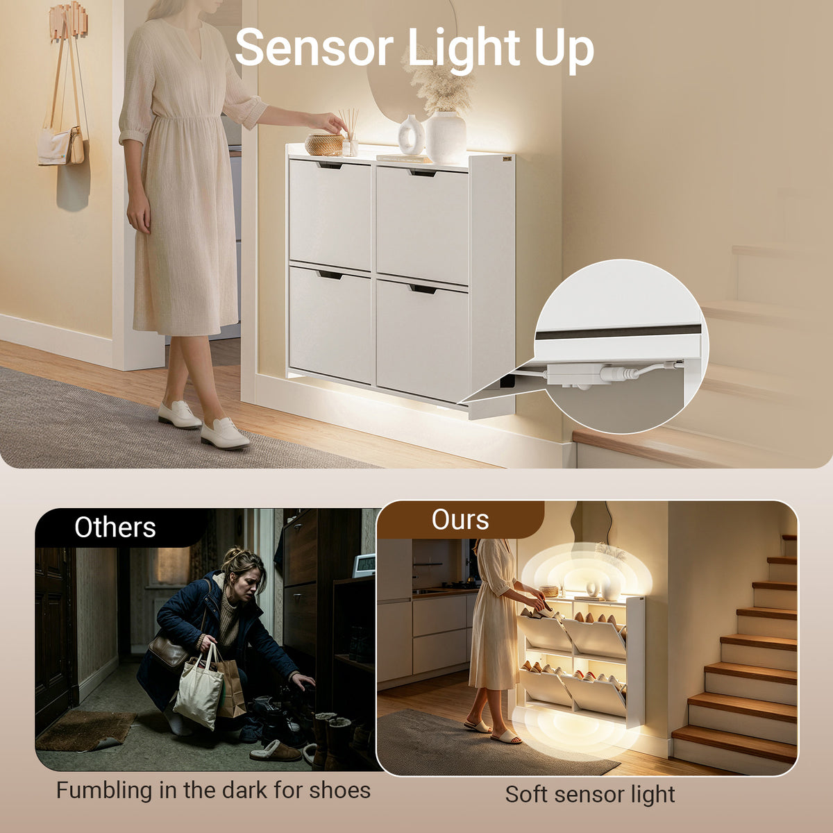 SoBuy FSR100-E-W, Wall-Mounted Shoe Cabinet with Sensor Light 19 cm for Hallway Shoe Rack with LED Lighting, for Entryway, Hallway and Small Apartments, Slim Design