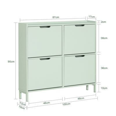 SoBuy FSR100-GR, Narrow Shoe Rack Shoe Cabinet with 4 Flip Drawers Slim Wooden Storage Cupboard for Hallway Entrance Foyer or Understairs Light Green W100 x D19 x H91cm