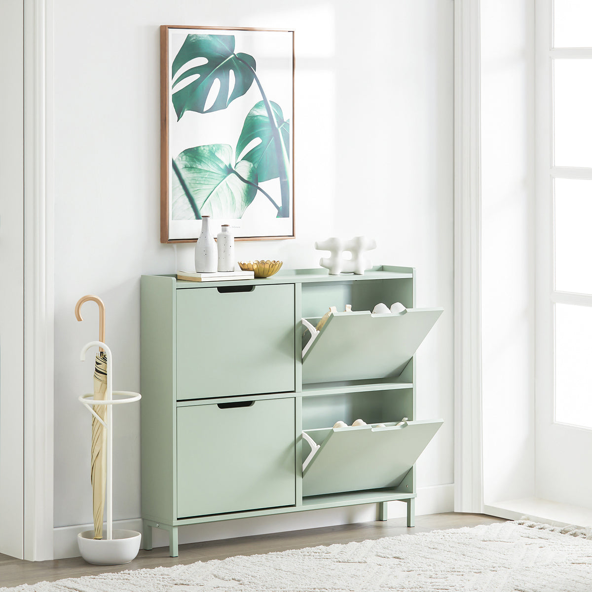 SoBuy FSR100-GR, Narrow Shoe Rack Shoe Cabinet with 4 Flip Drawers Slim Wooden Storage Cupboard for Hallway Entrance Foyer or Understairs Light Green W100 x D19 x H91cm
