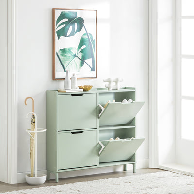 SoBuy FSR100-GR, Narrow Shoe Rack Shoe Cabinet with 4 Flip Drawers Slim Wooden Storage Cupboard for Hallway Entrance Foyer or Understairs Light Green W100 x D19 x H91cm