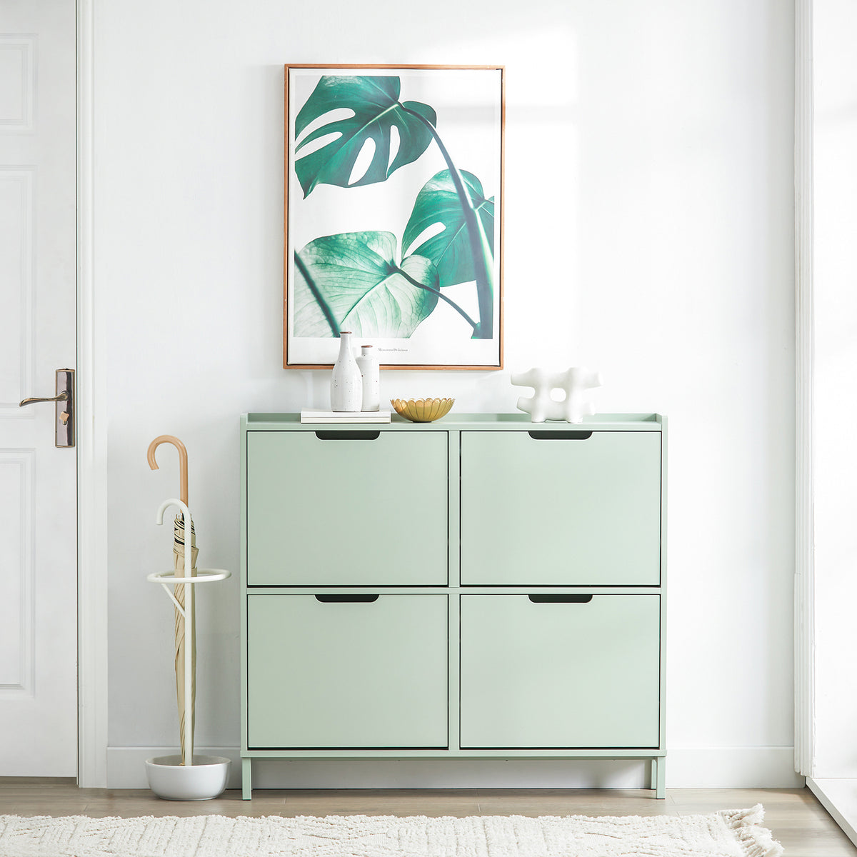 SoBuy FSR100-GR, Narrow Shoe Rack Shoe Cabinet with 4 Flip Drawers Slim Wooden Storage Cupboard for Hallway Entrance Foyer or Understairs Light Green W100 x D19 x H91cm