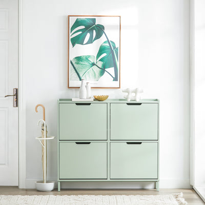 SoBuy FSR100-GR, Narrow Shoe Rack Shoe Cabinet with 4 Flip Drawers Slim Wooden Storage Cupboard for Hallway Entrance Foyer or Understairs Light Green W100 x D19 x H91cm
