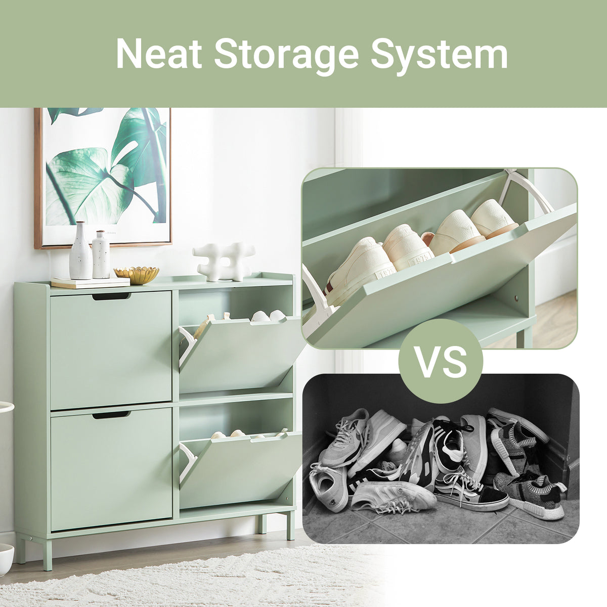 SoBuy FSR100-GR, Narrow Shoe Rack Shoe Cabinet with 4 Flip Drawers Slim Wooden Storage Cupboard for Hallway Entrance Foyer or Understairs Light Green W100 x D19 x H91cm