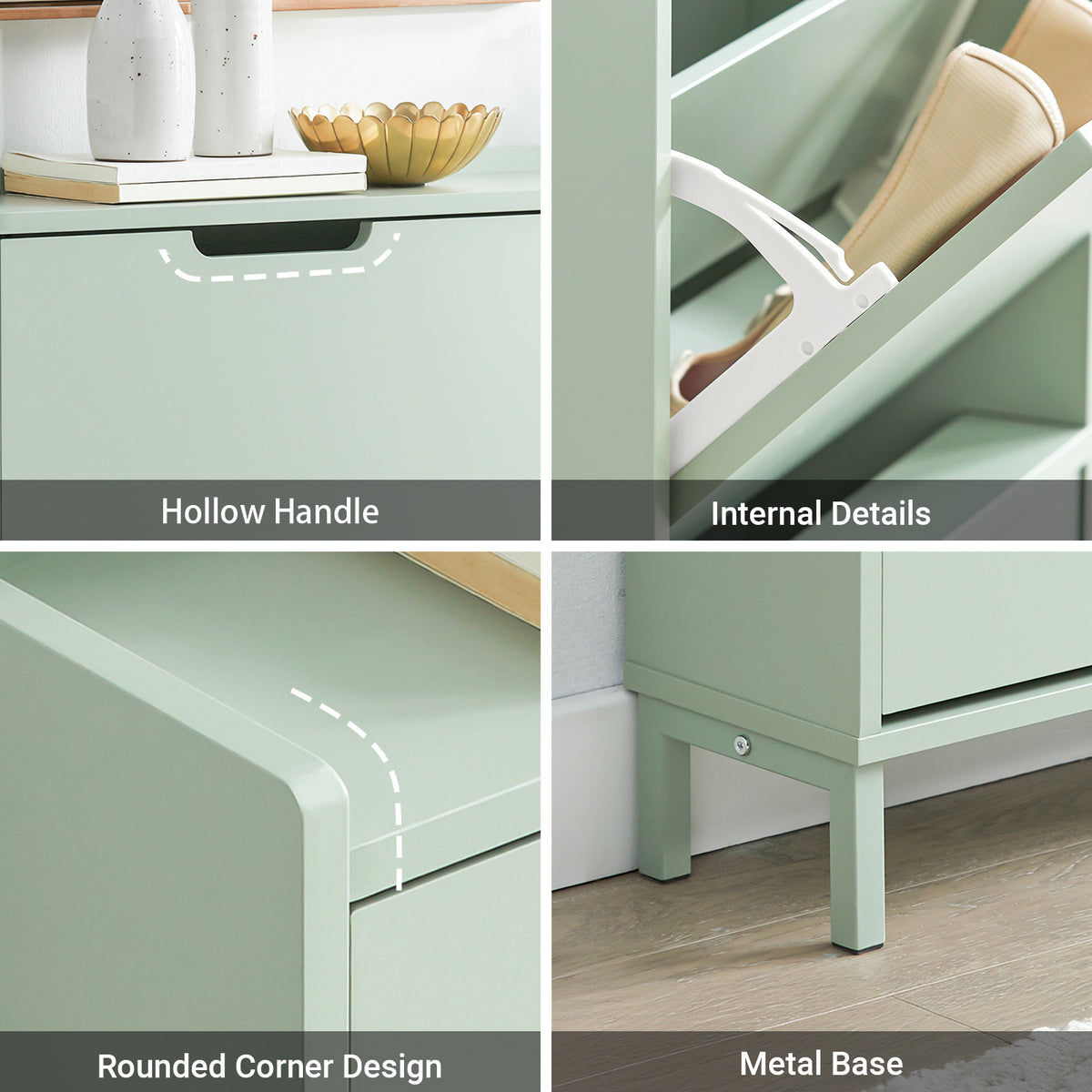 SoBuy FSR100-GR, Narrow Shoe Rack Shoe Cabinet with 4 Flip Drawers Slim Wooden Storage Cupboard for Hallway Entrance Foyer or Understairs Light Green W100 x D19 x H91cm