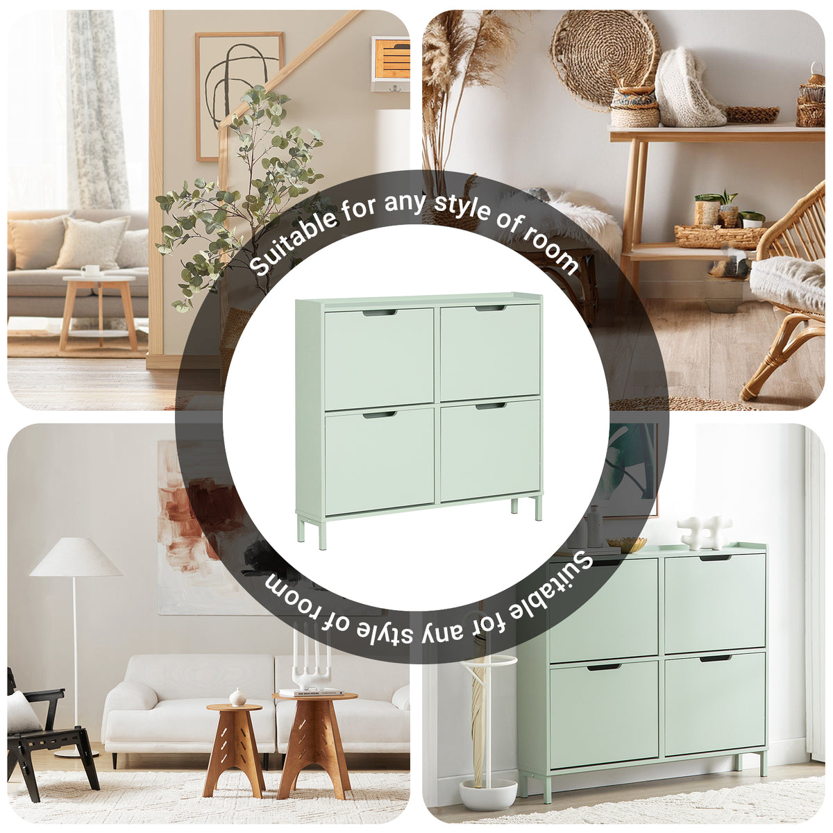 SoBuy FSR100-GR, Narrow Shoe Rack Shoe Cabinet with 4 Flip Drawers Slim Wooden Storage Cupboard for Hallway Entrance Foyer or Understairs Light Green W100 x D19 x H91cm