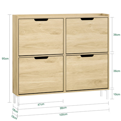 SoBuy FSR100-N, Narrow Shoe Rack Shoe Cabinet with 4 Flip Drawers Slim Wooden Storage Cupboard for Hallway Entrance Foyer or Understairs Natural W100 x D19 x H91cm