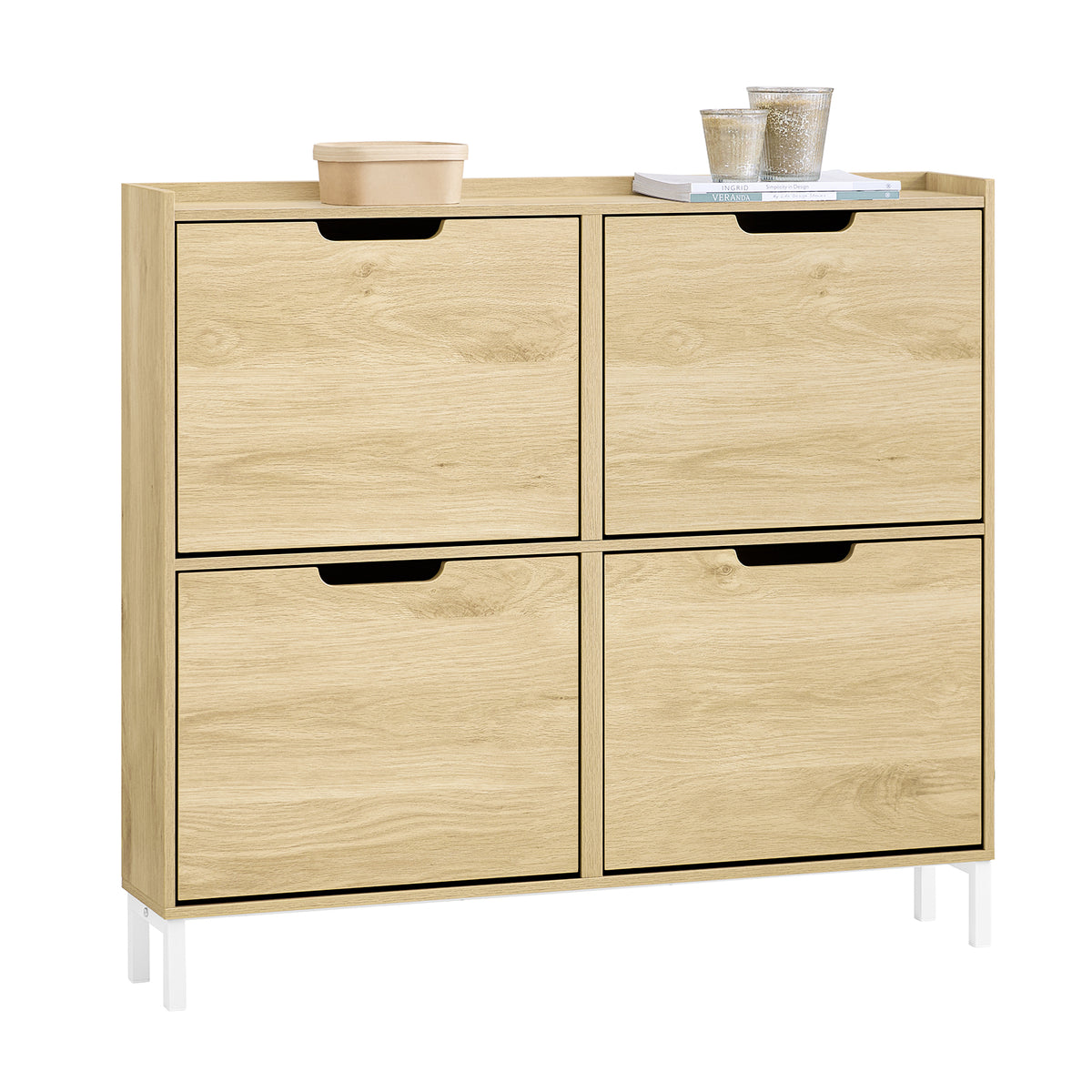 SoBuy FSR100-N, Narrow Shoe Rack Shoe Cabinet with 4 Flip Drawers Slim Wooden Storage Cupboard for Hallway Entrance Foyer or Understairs Natural W100 x D19 x H91cm