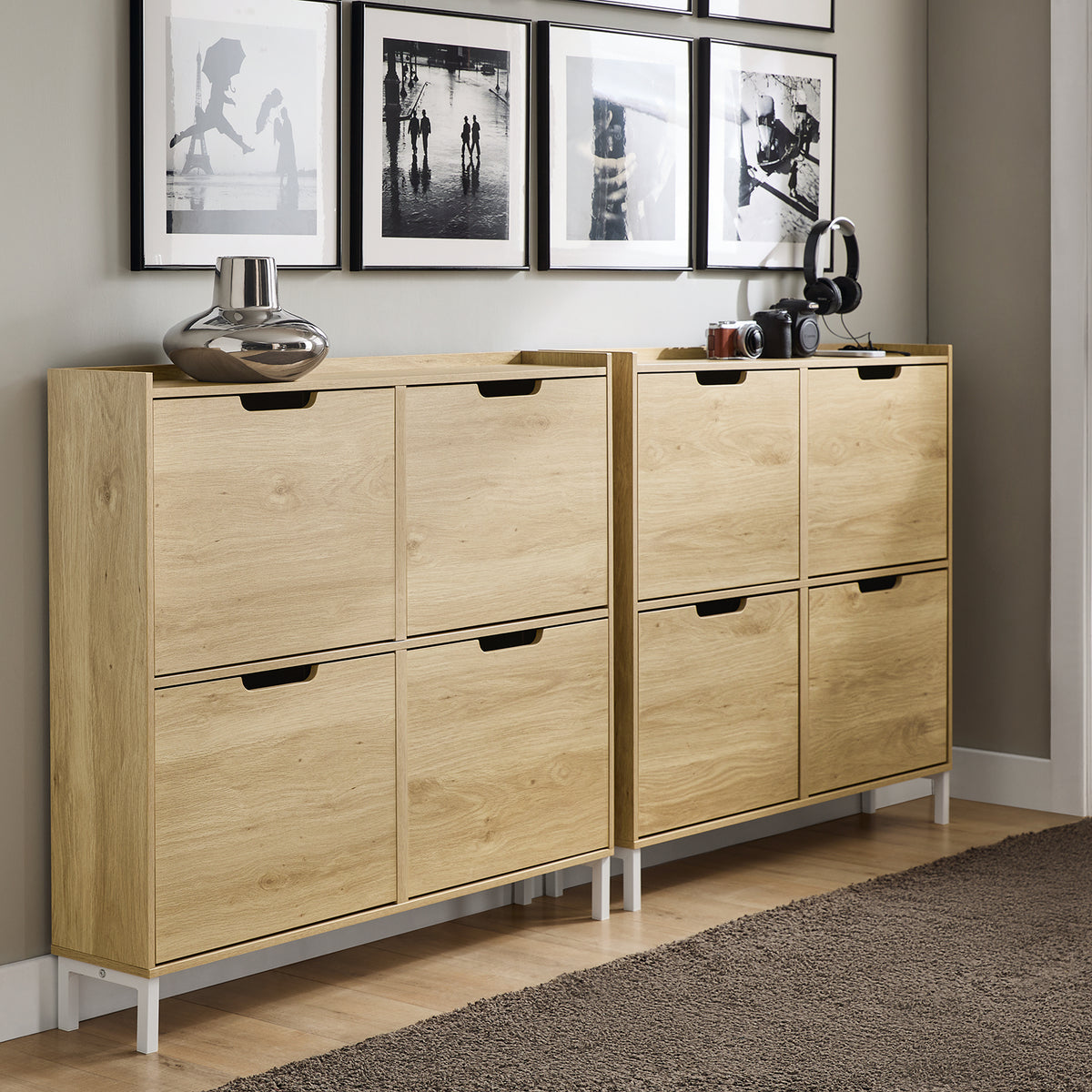 SoBuy FSR100-N, Narrow Shoe Rack Shoe Cabinet with 4 Flip Drawers Slim Wooden Storage Cupboard for Hallway Entrance Foyer or Understairs Natural W100 x D19 x H91cm