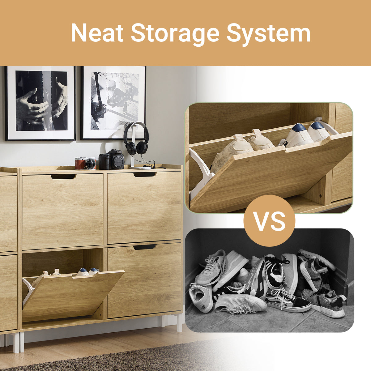 SoBuy FSR100-N, Narrow Shoe Rack Shoe Cabinet with 4 Flip Drawers Slim Wooden Storage Cupboard for Hallway Entrance Foyer or Understairs Natural W100 x D19 x H91cm