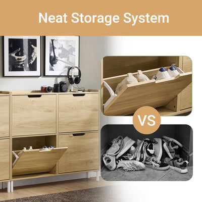 SoBuy FSR100-N, Narrow Shoe Rack Shoe Cabinet with 4 Flip Drawers Slim Wooden Storage Cupboard for Hallway Entrance Foyer or Understairs Natural W100 x D19 x H91cm
