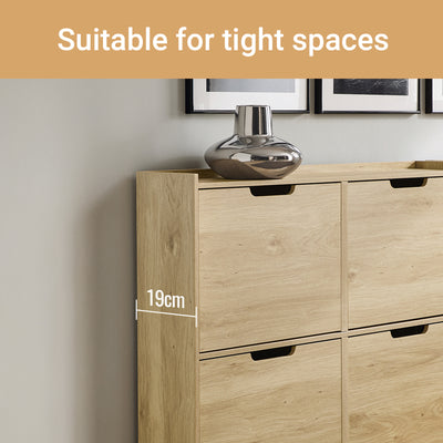 SoBuy FSR100-N, Narrow Shoe Rack Shoe Cabinet with 4 Flip Drawers Slim Wooden Storage Cupboard for Hallway Entrance Foyer or Understairs Natural W100 x D19 x H91cm