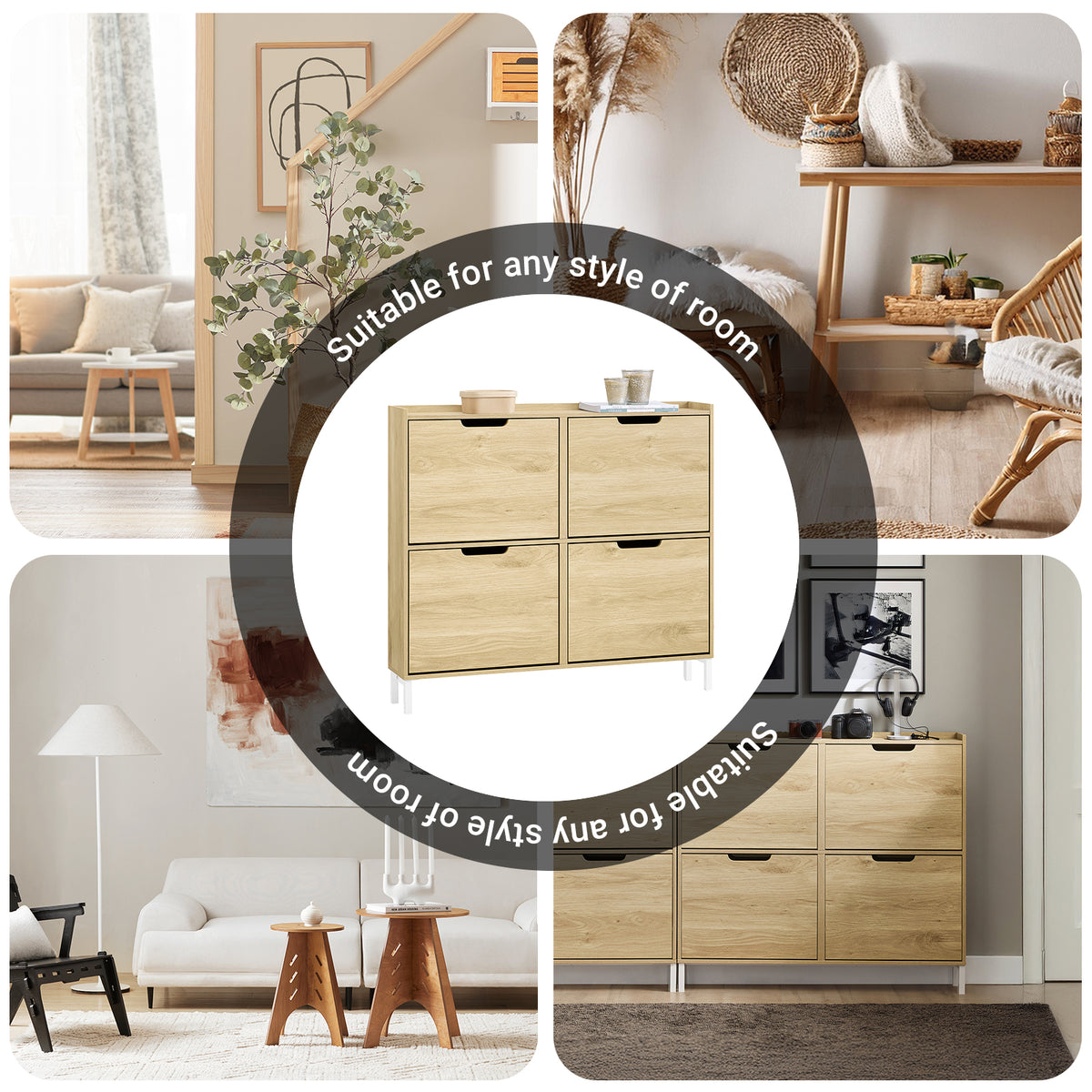SoBuy FSR100-N, Narrow Shoe Rack Shoe Cabinet with 4 Flip Drawers Slim Wooden Storage Cupboard for Hallway Entrance Foyer or Understairs Natural W100 x D19 x H91cm