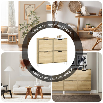 SoBuy FSR100-N, Narrow Shoe Rack Shoe Cabinet with 4 Flip Drawers Slim Wooden Storage Cupboard for Hallway Entrance Foyer or Understairs Natural W100 x D19 x H91cm