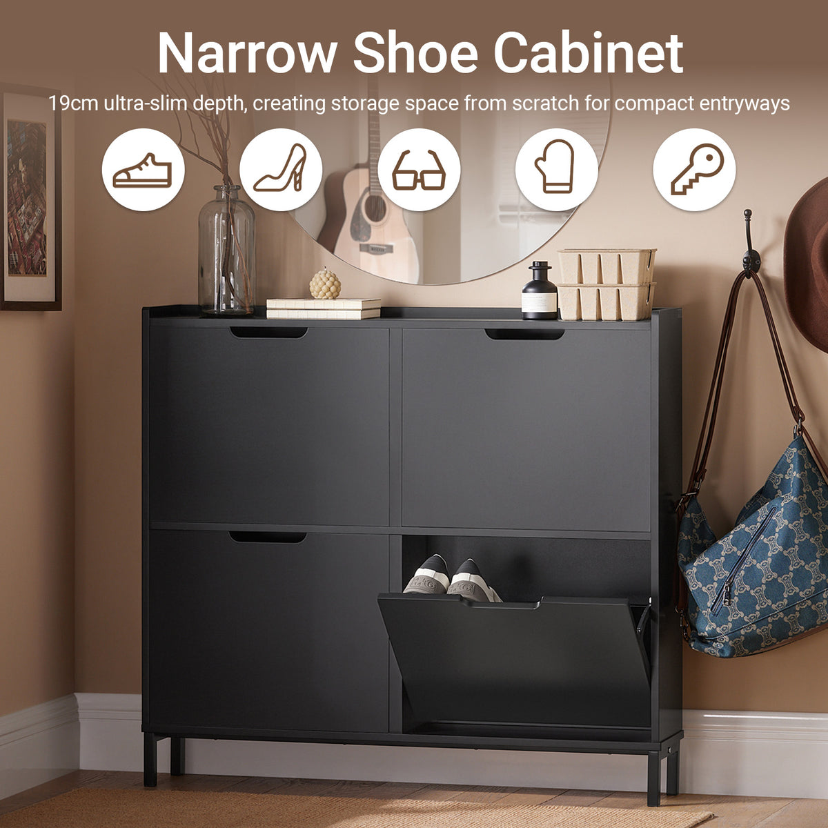 SoBuy FSR100-SCH flip drawer detail – 4 flip-down drawers shoe storage close-up