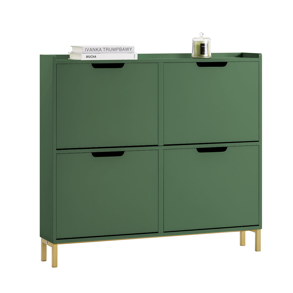 SoBuy FSR100-SY, Narrow Shoe Rack Shoe Cabinet with 4 Flip Drawers Slim Wooden Storage Cupboard for Hallway Entrance Foyer or Understairs Dark Green W100 x D19 x H91cm