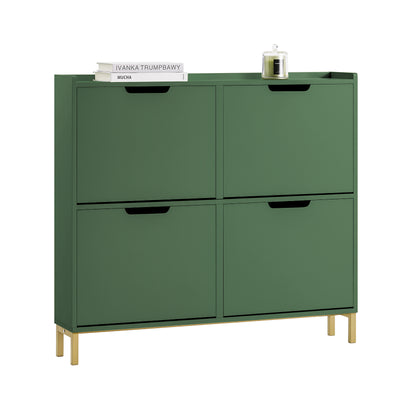 SoBuy FSR100-SY, Narrow Shoe Rack Shoe Cabinet with 4 Flip Drawers Slim Wooden Storage Cupboard for Hallway Entrance Foyer or Understairs Dark Green W100 x D19 x H91cm