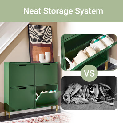 SoBuy FSR100-SY, Narrow Shoe Rack Shoe Cabinet with 4 Flip Drawers Slim Wooden Storage Cupboard for Hallway Entrance Foyer or Understairs Dark Green W100 x D19 x H91cm
