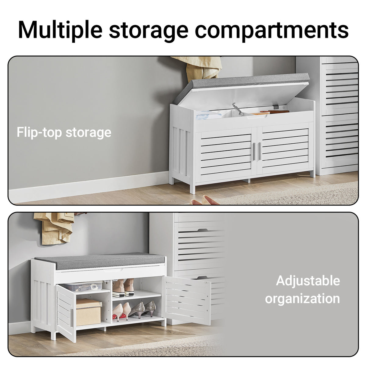 SoBuy FSR102-W, Shoe Rack Shoe Storage Bench with Folding Padded Seat - Adjustable Storage Shelves - Ideal for Entryway, Hallway, Bedroom - Modern Design, White, 90x33x50cm, 100kg Capacity