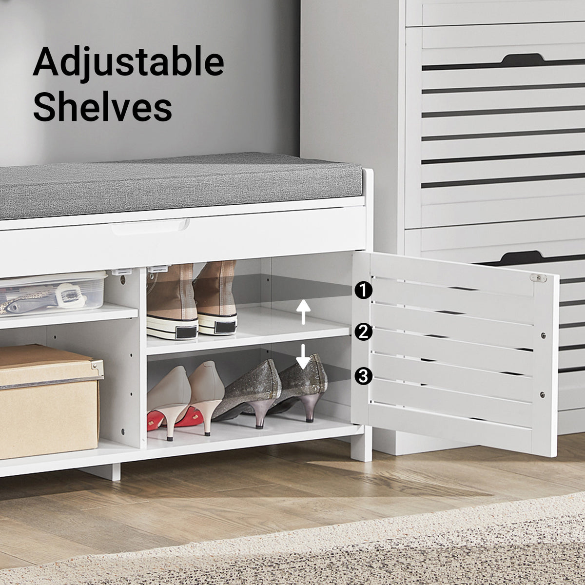 SoBuy FSR102-W, Shoe Rack Shoe Storage Bench with Folding Padded Seat - Adjustable Storage Shelves - Ideal for Entryway, Hallway, Bedroom - Modern Design, White, 90x33x50cm, 100kg Capacity