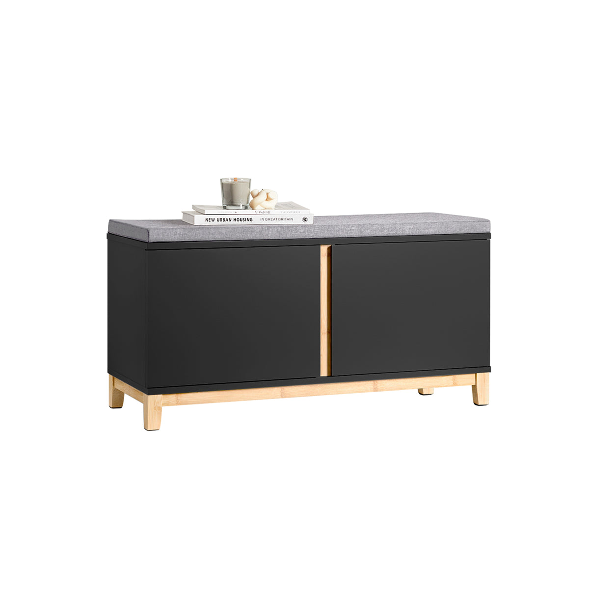 SoBuy FSR117-SCH, Hallway Storage Bench Shoe Bench Shoe Rack Shoe Cabinet with 2 Doors and Seat Cushion, Black