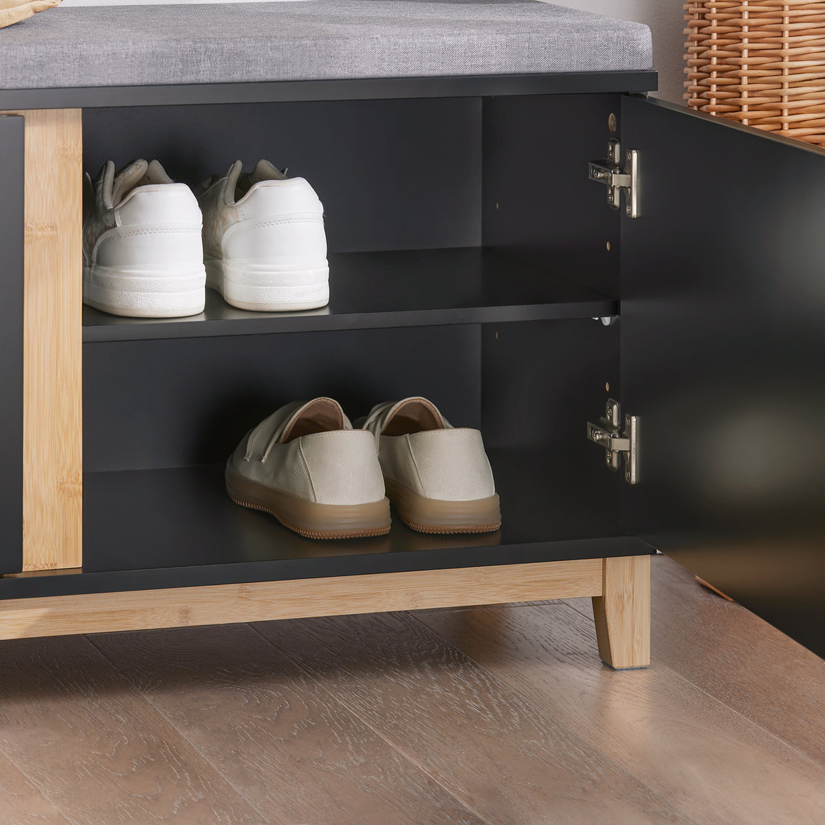 SoBuy FSR117-SCH, Hallway Storage Bench Shoe Bench Shoe Rack Shoe Cabinet with 2 Doors and Seat Cushion, Black