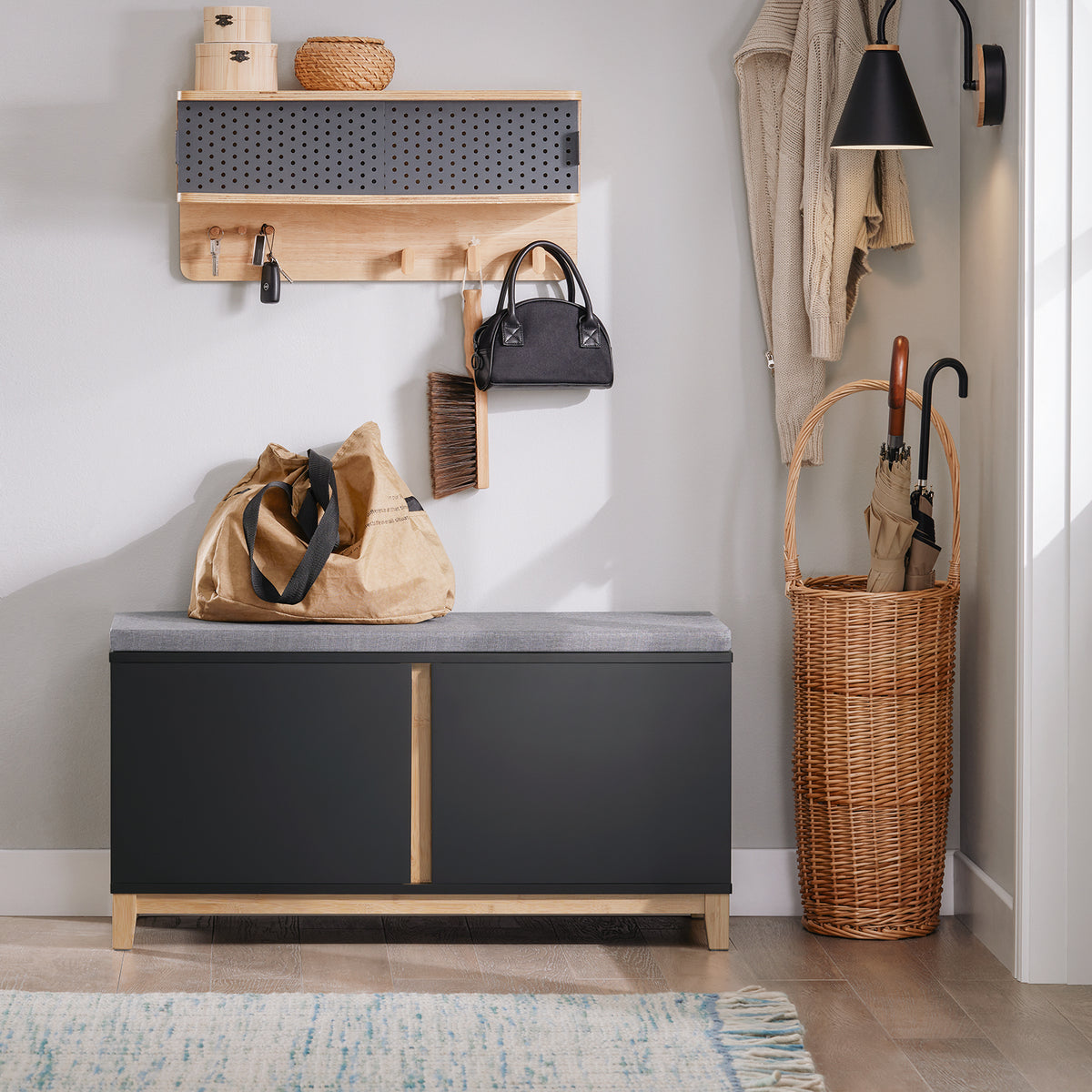 SoBuy FSR117-SCH, Hallway Storage Bench Shoe Bench Shoe Rack Shoe Cabinet with 2 Doors and Seat Cushion, Black