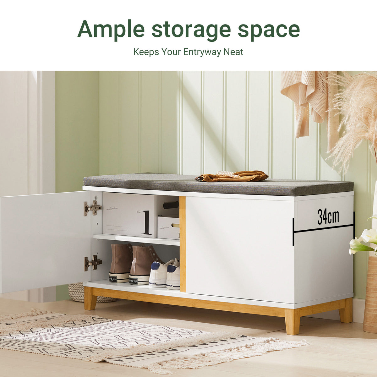 SoBuy FSR117-W Shoe Storage Bench Shoe Rack with Seat Cushion - Large Capacity Cabinet with Adjustable Shelves and 150kg Load - Entryway Hallway Wooden Storage Unit, White W90 x D34 x H47cm