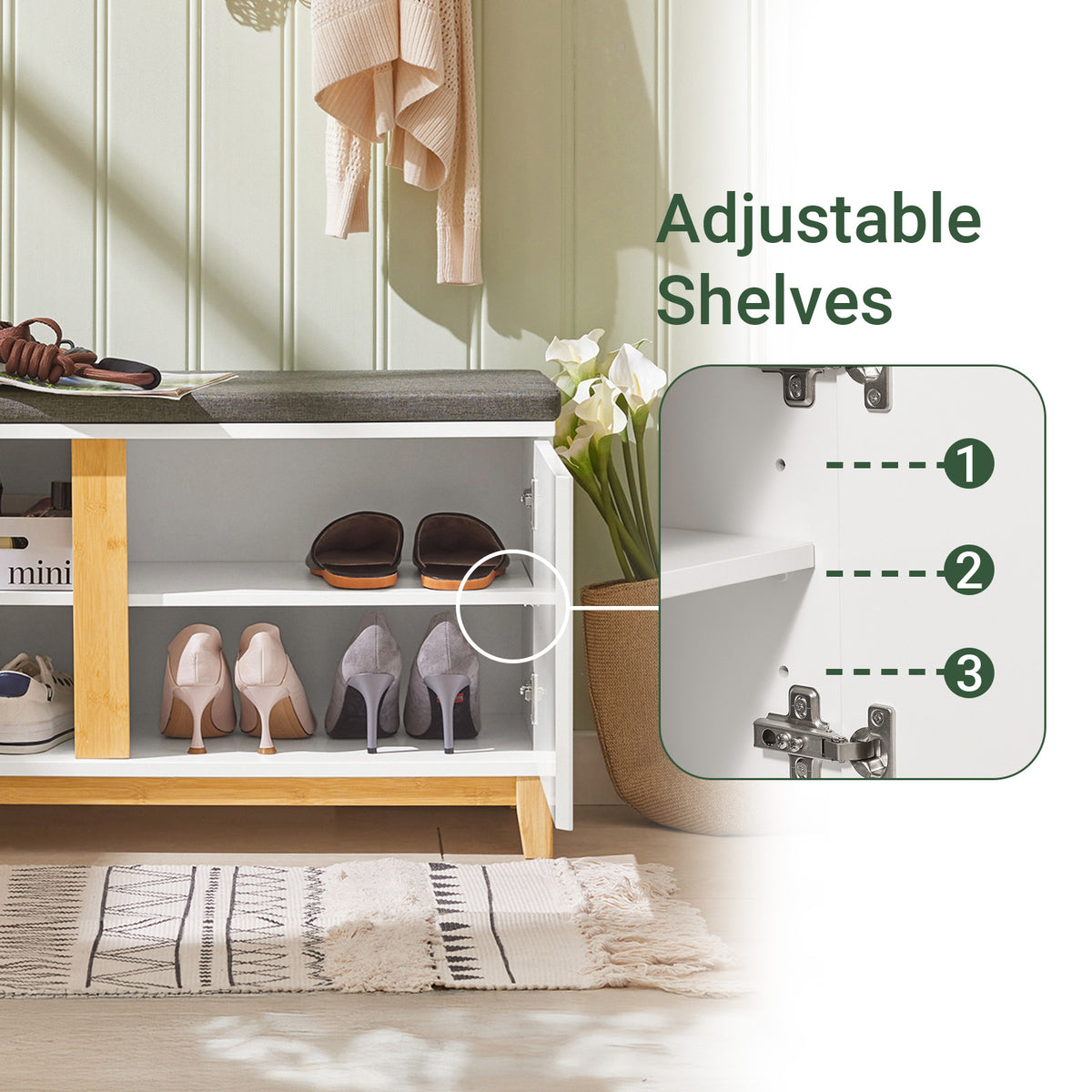 SoBuy FSR117-W Shoe Storage Bench Shoe Rack with Seat Cushion - Large Capacity Cabinet with Adjustable Shelves and 150kg Load - Entryway Hallway Wooden Storage Unit, White W90 x D34 x H47cm