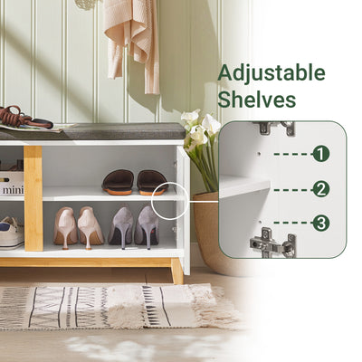 SoBuy FSR117-W Shoe Storage Bench Shoe Rack with Seat Cushion - Large Capacity Cabinet with Adjustable Shelves and 150kg Load - Entryway Hallway Wooden Storage Unit, White W90 x D34 x H47cm