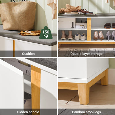 SoBuy FSR117-W Shoe Storage Bench Shoe Rack with Seat Cushion - Large Capacity Cabinet with Adjustable Shelves and 150kg Load - Entryway Hallway Wooden Storage Unit, White W90 x D34 x H47cm