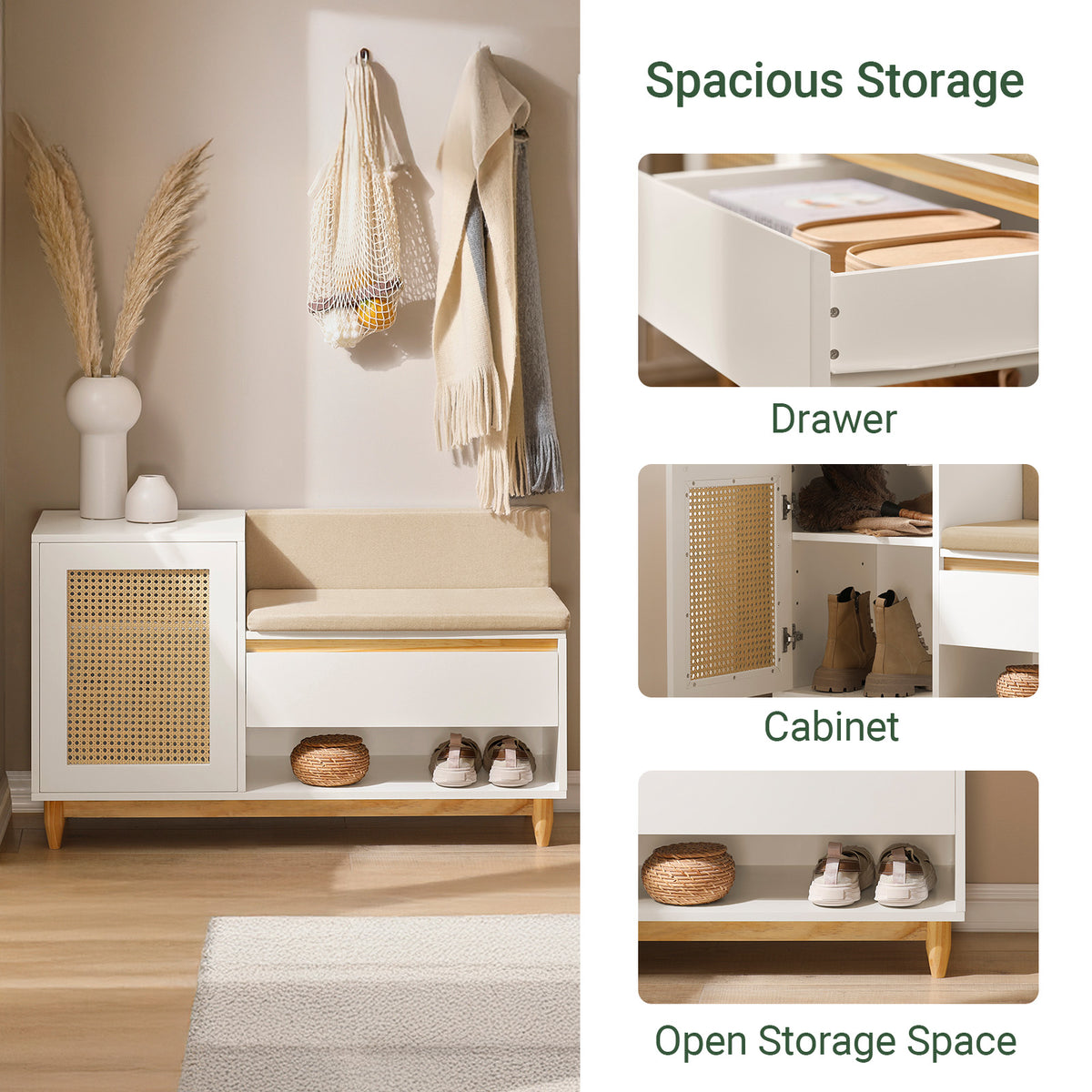 SoBuy FSR128-W Shoe Storage Bench Shoe Rack with Cushion – Large Capacity Entryway Cabinet with Adjustable Shelves & Rattan Door – Ideal for Hallway & Bedroom – White 100×35×60cm